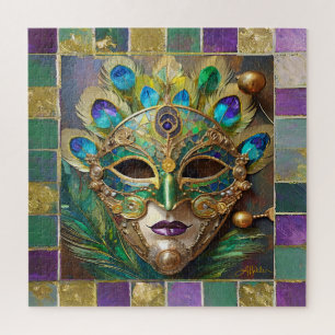 Mardi Gras Gold Ceramic Peacock Feather Mask Jigsaw Puzzle