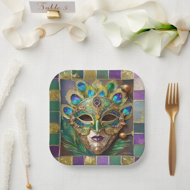 Mardi Gras Gold Ceramic Peacock Feather Mask Paper Plate (Wedding)