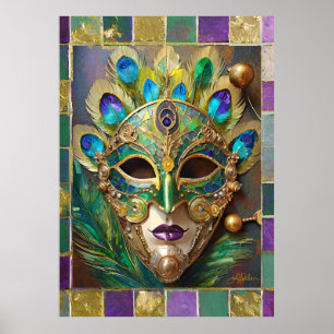 Mardi Gras Gold Ceramic Peacock Feather Mask Poster