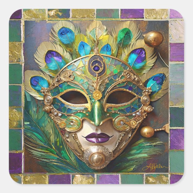 Mardi Gras Gold Ceramic Peacock Feather Mask Square Sticker (Front)