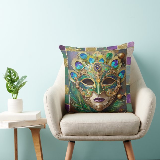 Mardi Gras Gold Ceramic Peacock Feather Mask Throw Pillow (Chair)