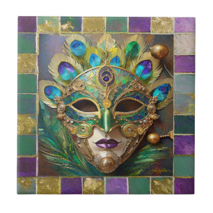 Mardi Gras Gold Ceramic Peacock Feather Mask Tile