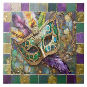 Mardi Gras Gold & Green Colourful Feathers Mask Tile