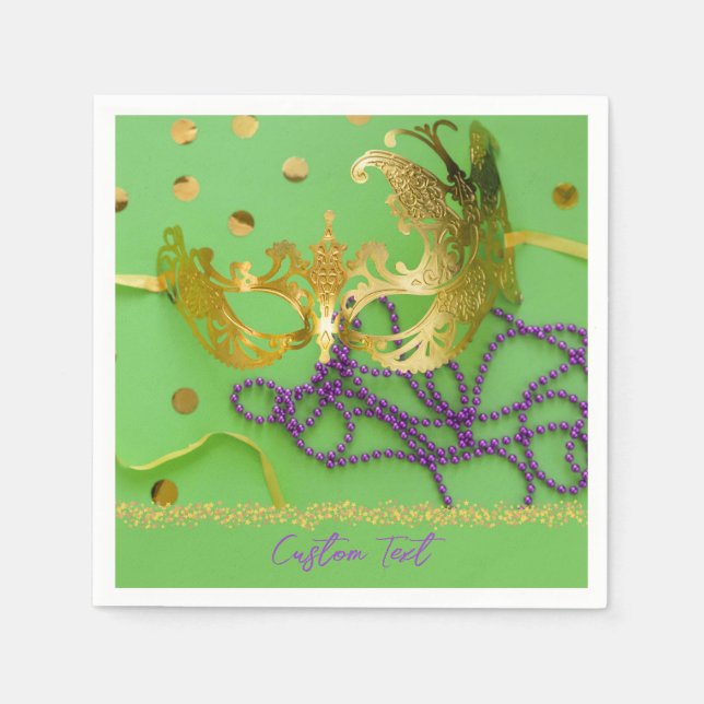 Mardi Gras Gold Mask Purple Beads Personalized Napkin (Front)