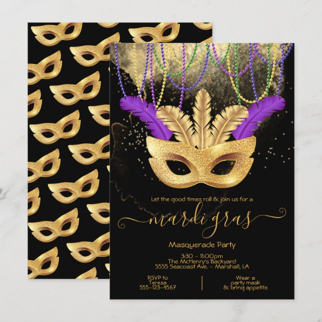 Mardi Gras Gold Masquerade Party Invitation (Devant / Derrière)