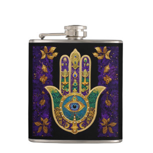 Mardi Gras Gold Purple Green Hamsas Art Hip Flask