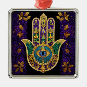 Mardi Gras Gold Purple Green Hamsas Art Metal Ornament