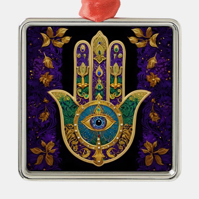 Mardi Gras Gold Purple Green Hamsas Art Metal Ornament (Front)