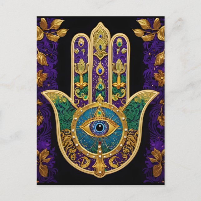 Mardi Gras Gold Purple Green Hamsas Art Postcard (Front)