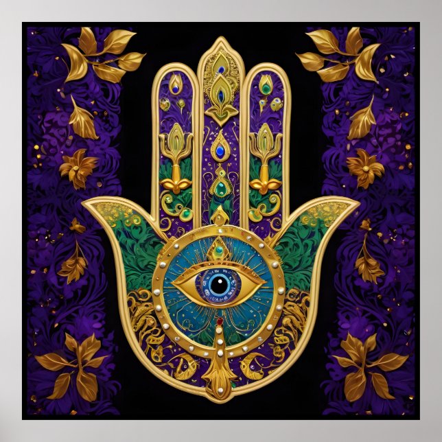 Mardi Gras Gold Purple Green Hamsas Art Poster (Front)