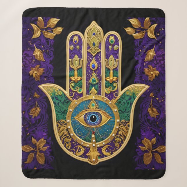 Mardi Gras Gold Purple Green Hamsas Art Sherpa Blanket (Front)
