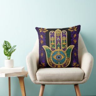 Mardi Gras Gold Purple Green Hamsas Art Throw Pillow