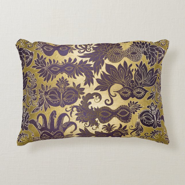 Mardi Gras Gold Purple Masks New Orleans Accent Pillow (Front)