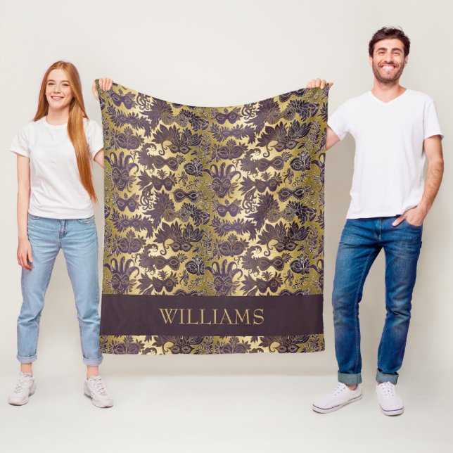 Mardi Gras Gold Purple Masks Pattern Personalized Fleece Blanket (In Situ)
