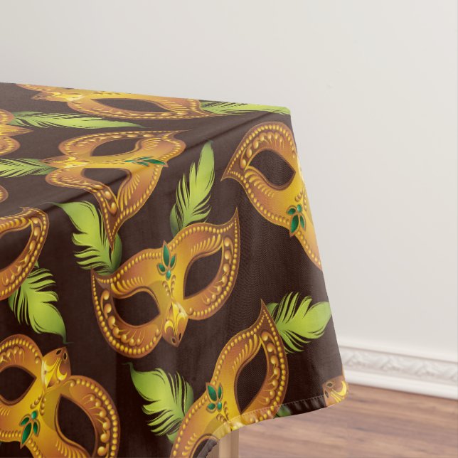 Mardi Gras Golden Mask Green Feathers Tablecloth (In Situ)