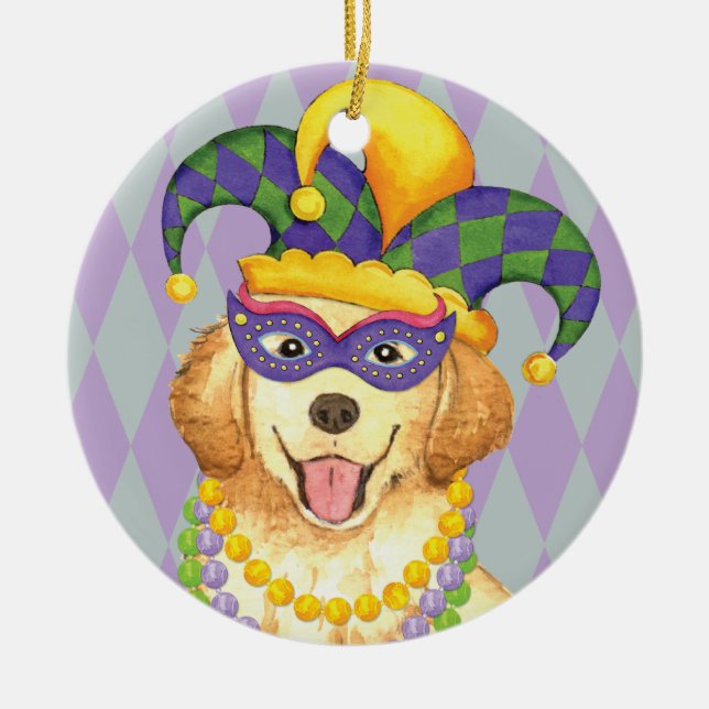 Mardi Gras Golden Retriever Ceramic Ornament (Front)