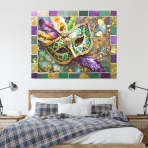 Mardi Gras Green and Gold Colourful Feathers Mask Canvas Print