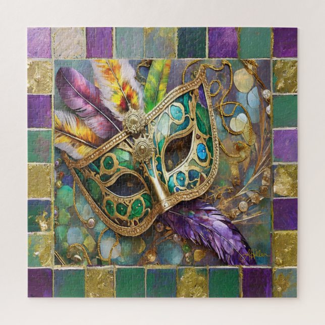 Mardi Gras Green and Gold Colourful Feathers Mask Jigsaw Puzzle (Vertical)