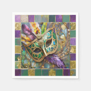 Mardi Gras Green and Gold Colourful Feathers Mask Napkin