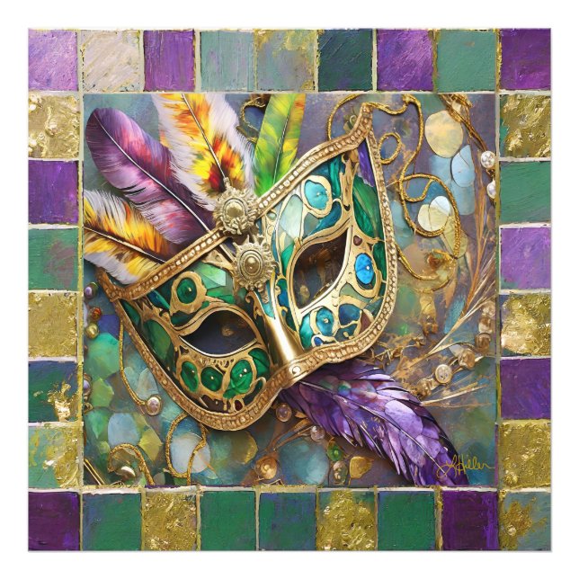 Mardi Gras Green and Gold Colourful Feathers Mask Photo Print (Front)