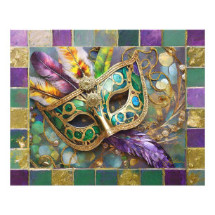 Mardi Gras Green and Gold Colourful Feathers Mask Photo Print
