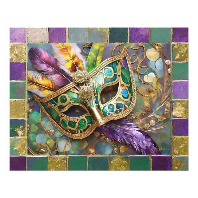 Mardi Gras Green and Gold Colourful Feathers Mask Photo Print (Front)