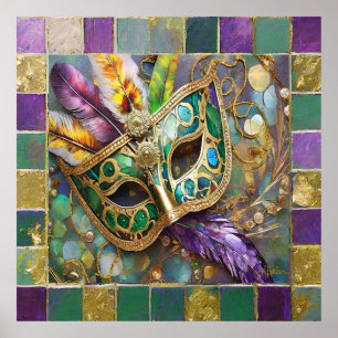 Mardi Gras Green and Gold Colourful Feathers Mask Poster