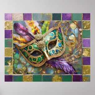 Mardi Gras Green and Gold Colourful Feathers Mask Poster