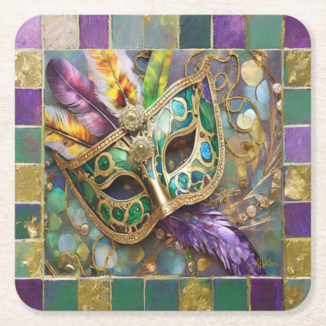 Mardi Gras Green and Gold Colourful Feathers Mask Square Paper Coaster (Front)