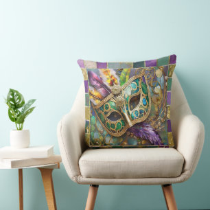 Mardi Gras Green and Gold Colourful Feathers Mask Throw Pillow