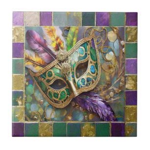 Mardi Gras Green and Gold Colourful Feathers Mask Tile
