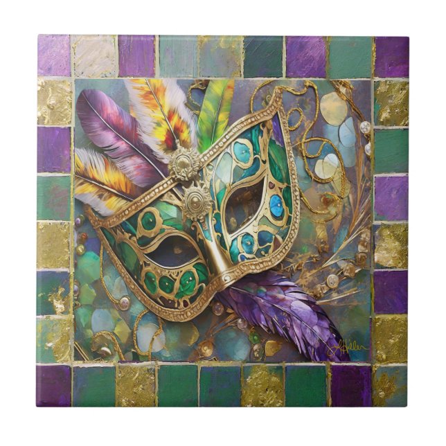 Mardi Gras Green and Gold Colourful Feathers Mask Tile (Front)