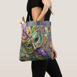 Mardi Gras Green and Gold Colourful Feathers Mask Tote Bag