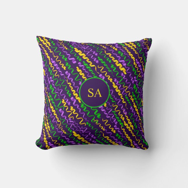 Mardi Gras Green Golden Purple Ribbons Throw Pillow (Front)