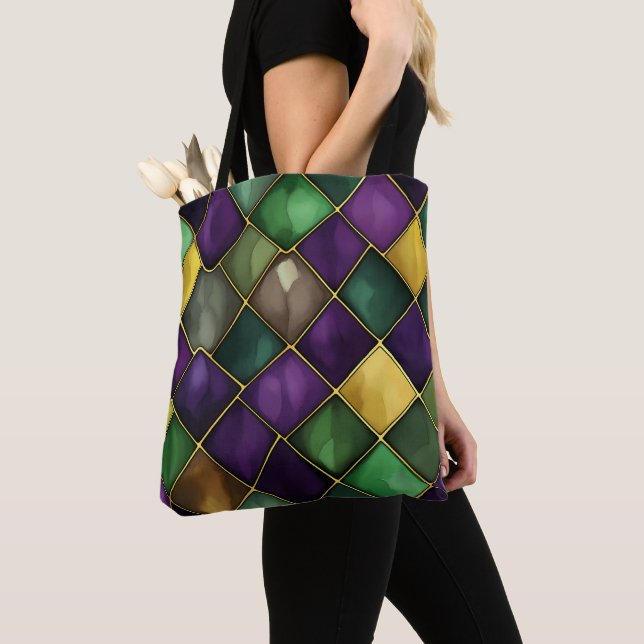 MARDI GRAS GREEN & PURPLE DIAMOND PATTERN TOTE BAG (Close Up)