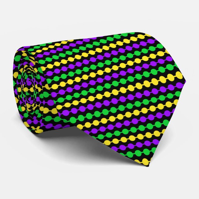 Mardi Gras Green, Yellow, Purple Beads on Black Tie (Rolled)