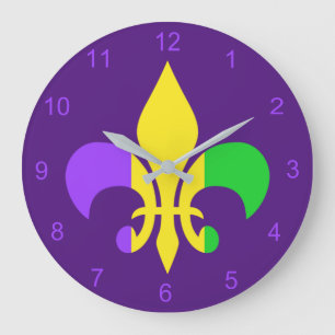 Mardi Gras Green Yellow Purple Fleur-de-Lis Large Clock