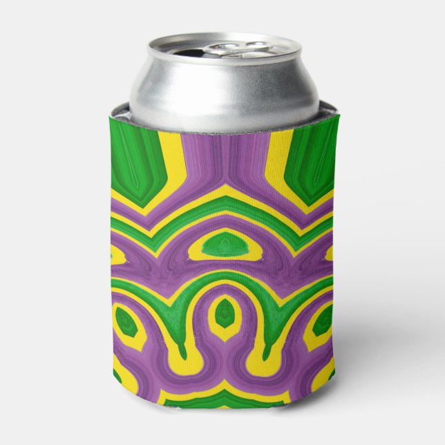Mardi Gras Green Yellow Purple Pattern Mandala Can Cooler (Can Front)