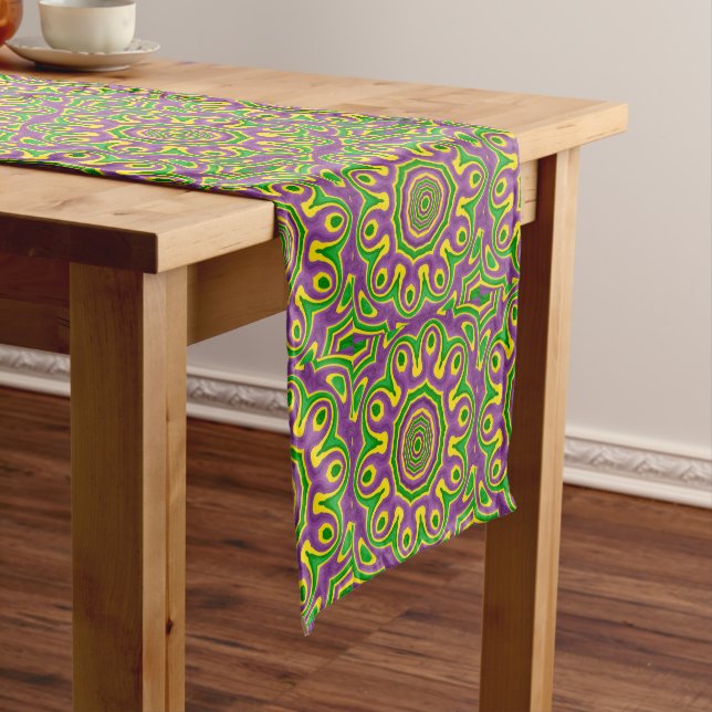 Mardi Gras Green Yellow Purple Pattern Mandala Short Table Runner (In Situ)
