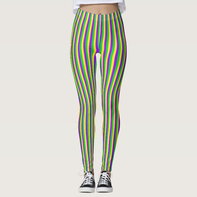 Mardi Gras Green, Yellow, Purple Stripes Leggings (Front)