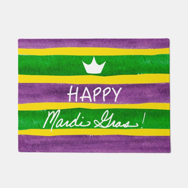 Mardi Gras Hand Painted Purple Green Gold Stripes Doormat (Front)