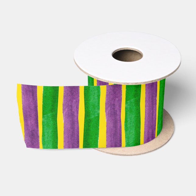 Mardi Gras Hand Painted Purple Green Gold Stripes Satin Ribbon (Spool)