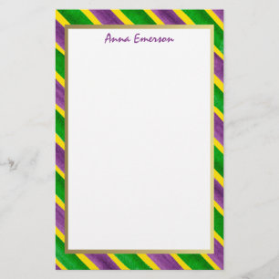 Mardi Gras Hand Painted Purple Green Gold Stripes Stationery