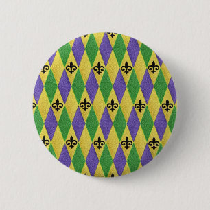 Mardi Gras Harlequin Fleur De Lis 2 Inch Round Button