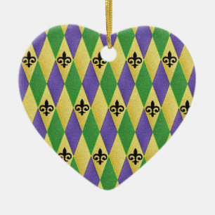 Mardi Gras Harlequin Fleur De Lis Ceramic Ornament