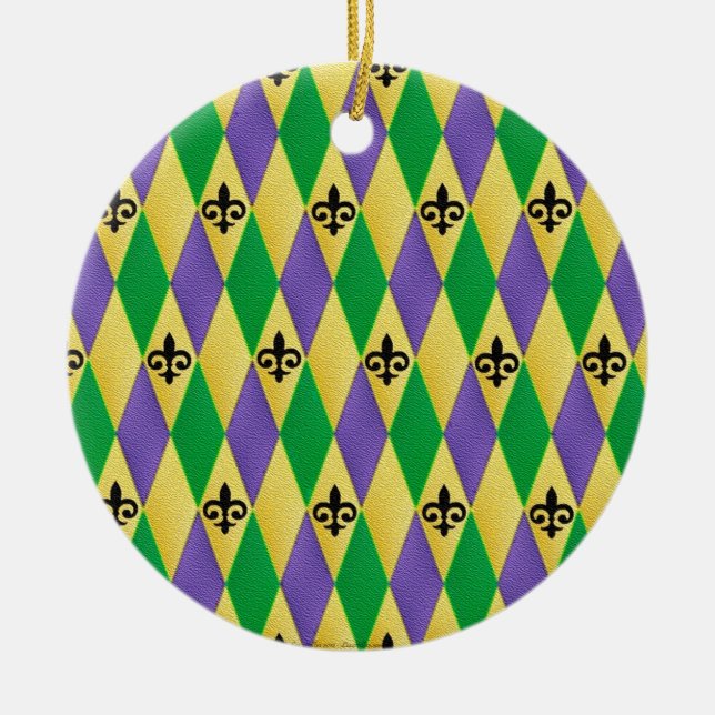 Mardi Gras Harlequin Fleur De Lis Ceramic Ornament (Front)