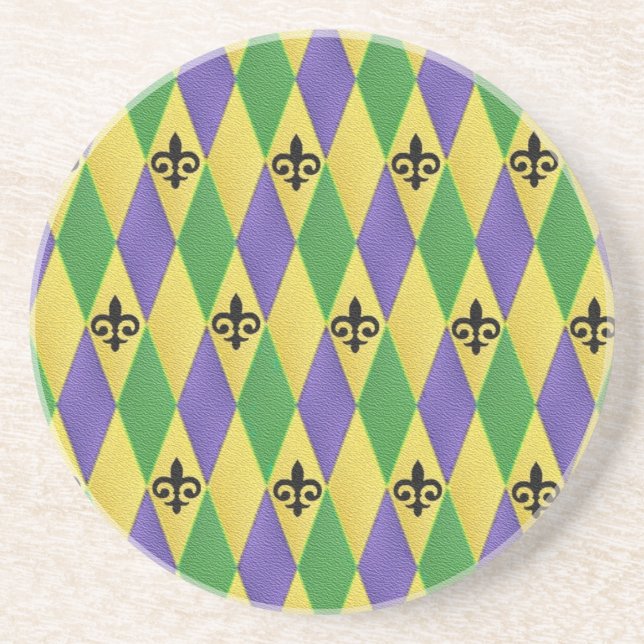 Mardi Gras Harlequin Fleur De Lis Coaster (Front)