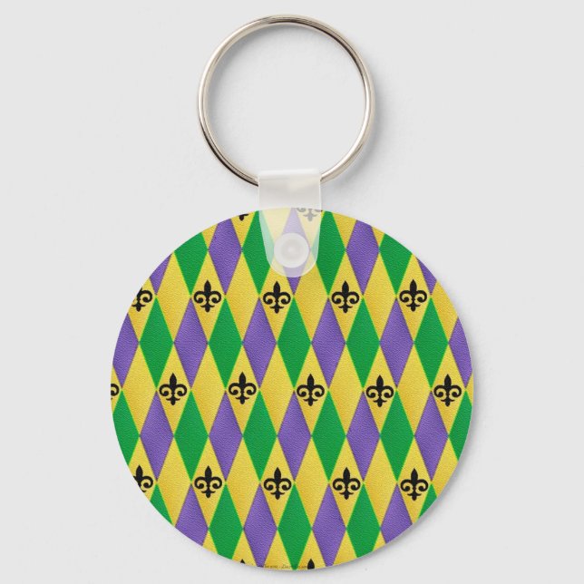 Mardi Gras Harlequin Fleur De Lis Keychain (Front)