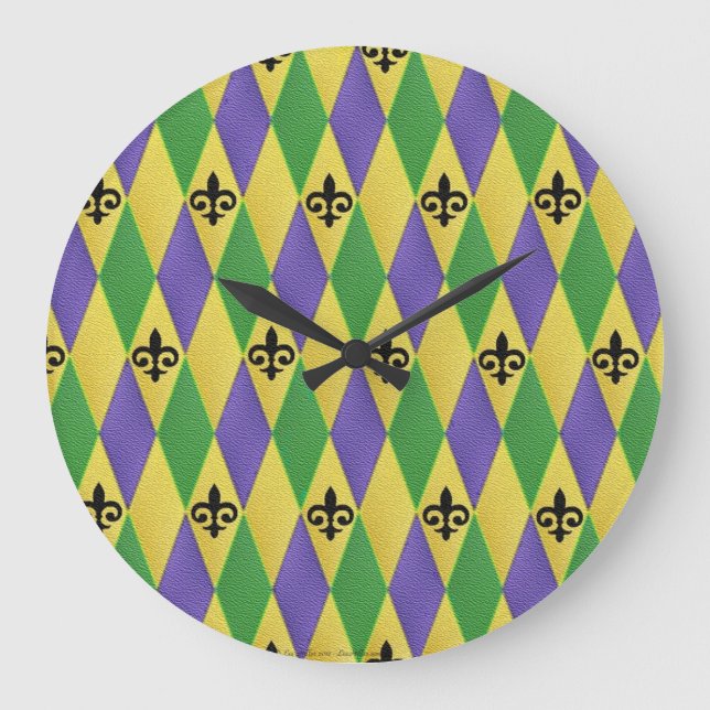 Mardi Gras Harlequin Fleur De Lis Large Clock (Front)