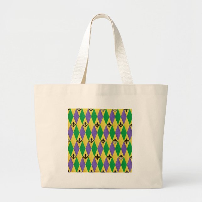 Mardi Gras Harlequin Fleur De Lis Large Tote Bag (Front)